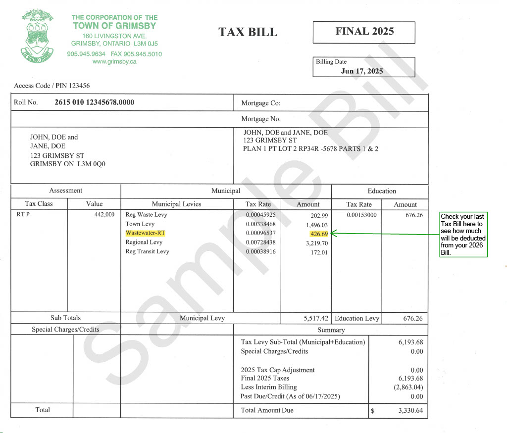 Sample Tax Bill Highlighting Wastewater Amount